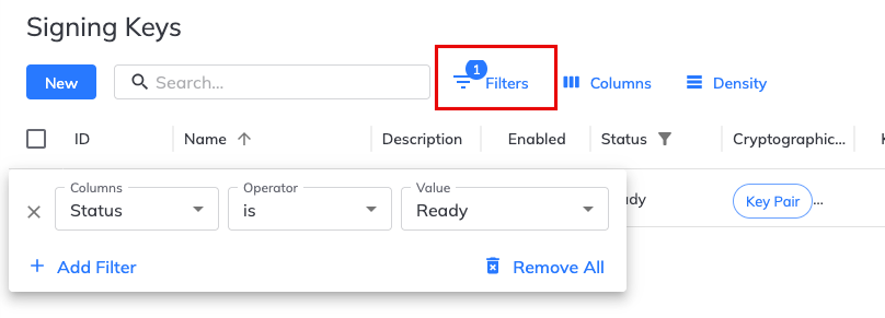 Screenshot of the filtering options