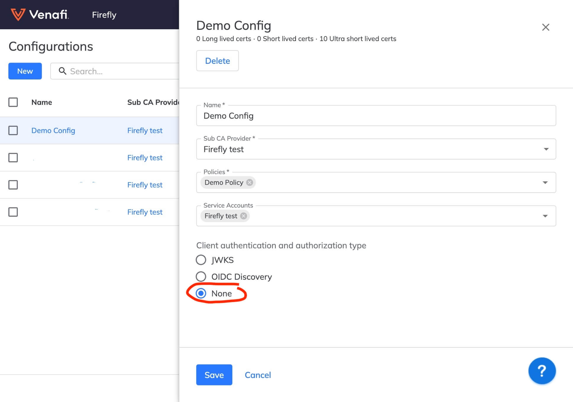 The Firefly Configuration in this screenshot has its Authentication method set to *None*