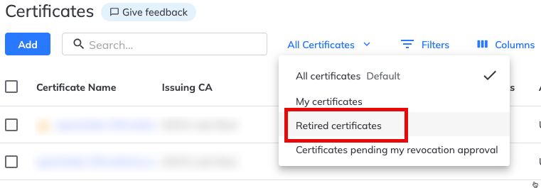 Retired certificate in drop down list