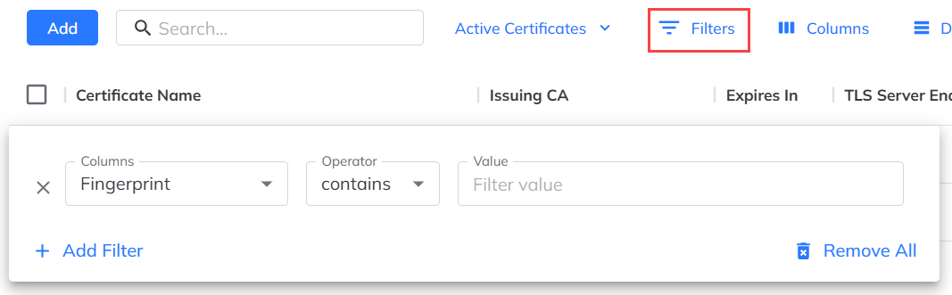 screenshot of filtering options