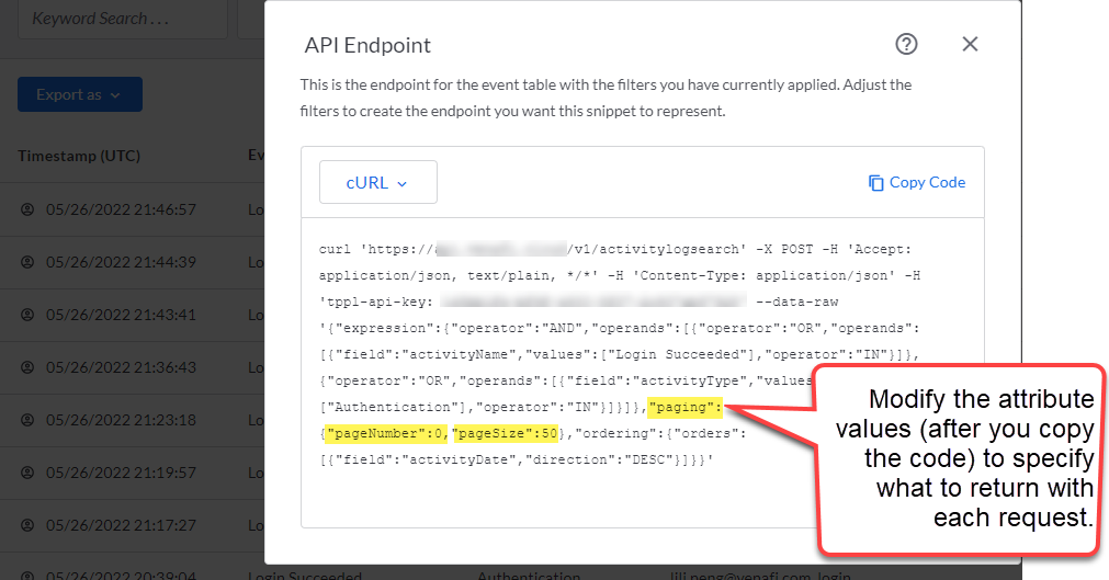 Screenshot of sample cURL code with attributes highlighted