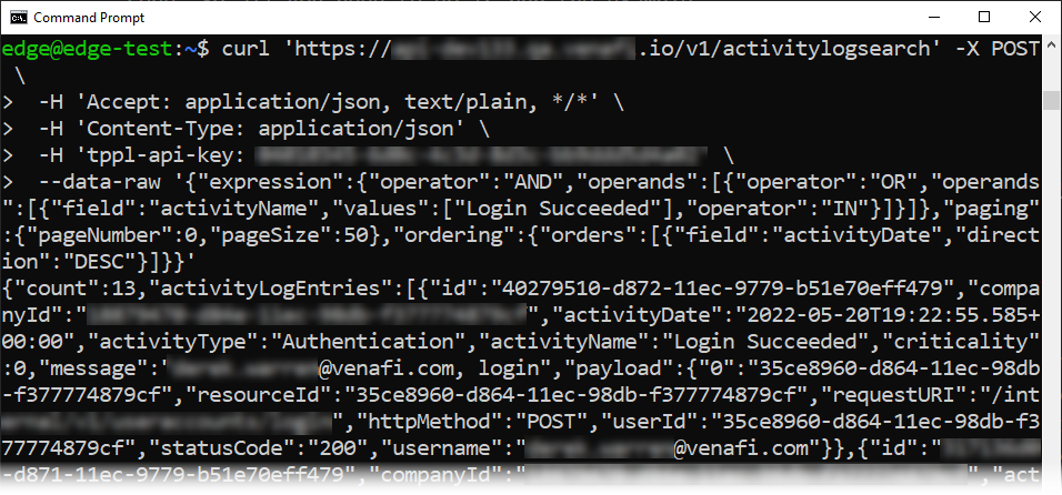Screenshot of cURL response to example export