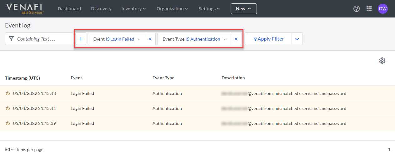 Screenshot of example filter that shows only failed login attempts