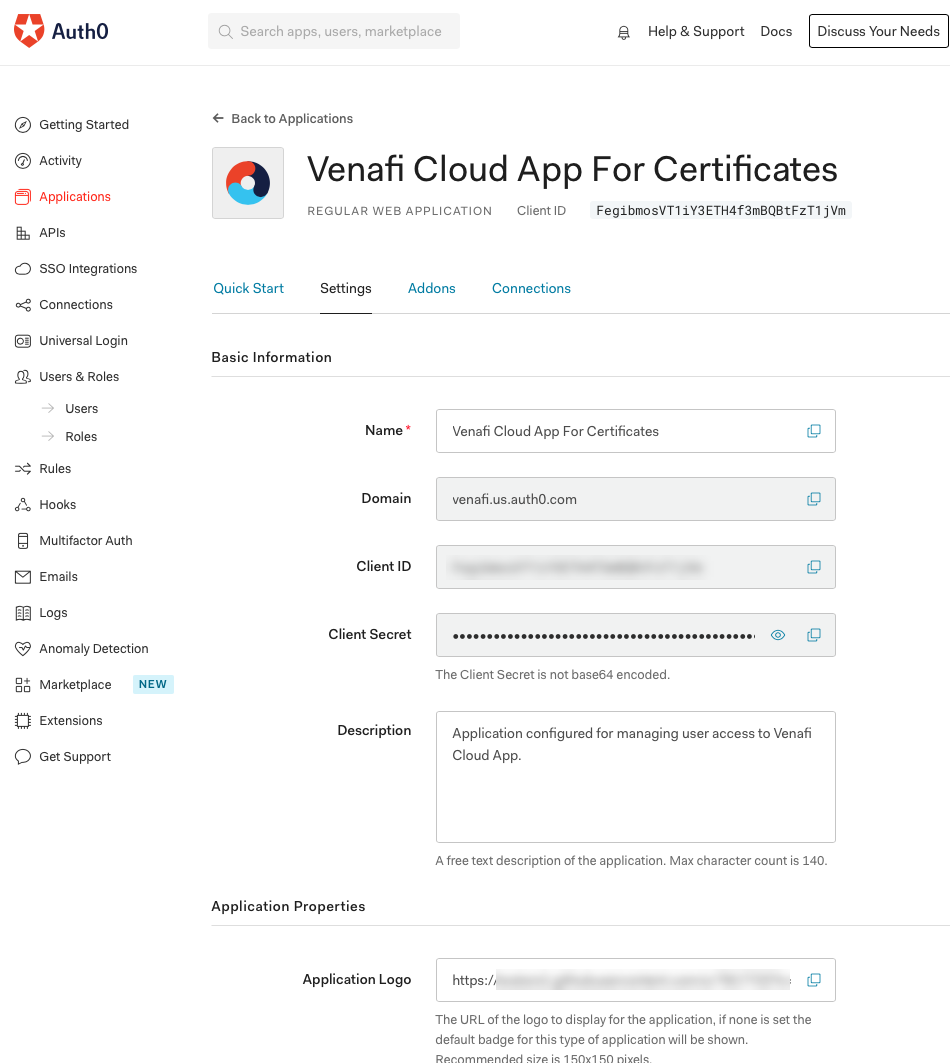 Auth0 Application Settings tab