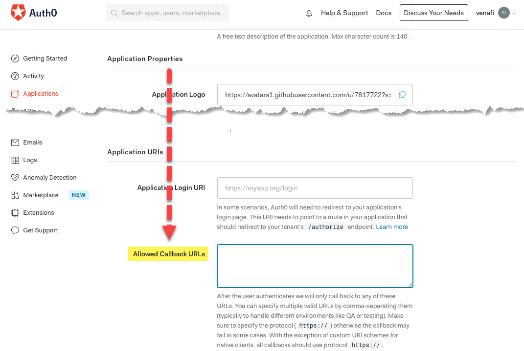 Auth0's Allowed Callback URLs field