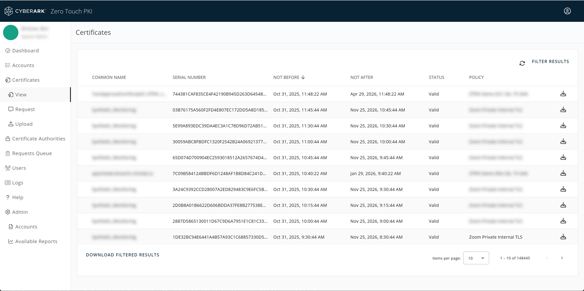 Viewing the Certificates page